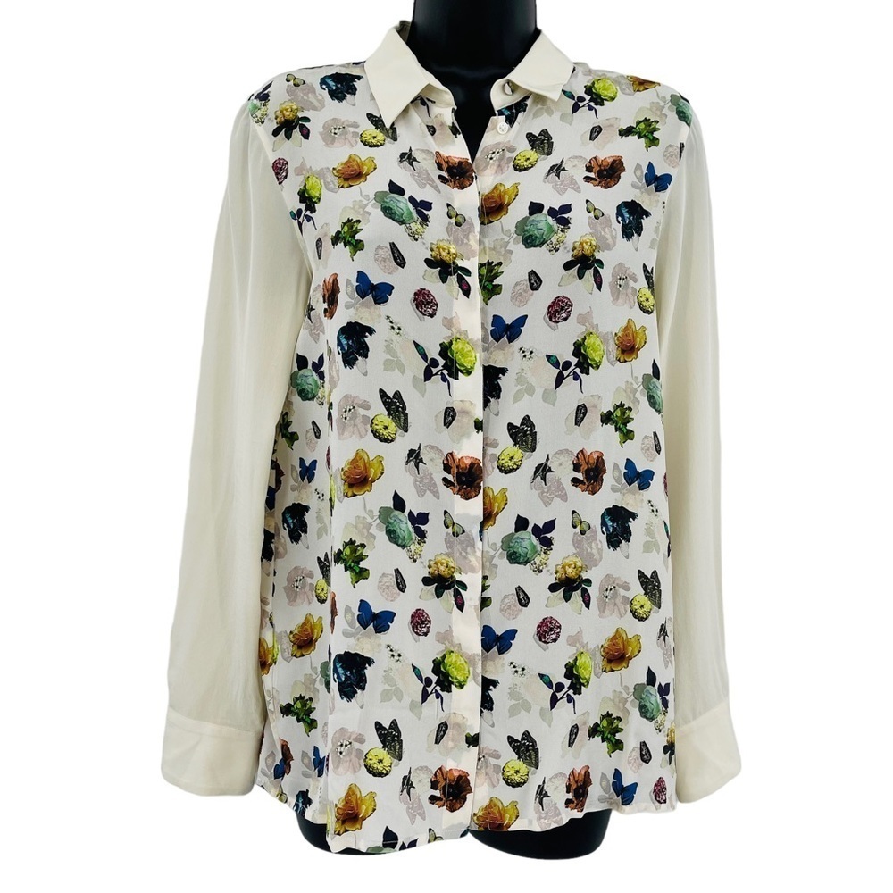 Club Monaco‎ Silk Blouse butterfly floral novelty print women's size S